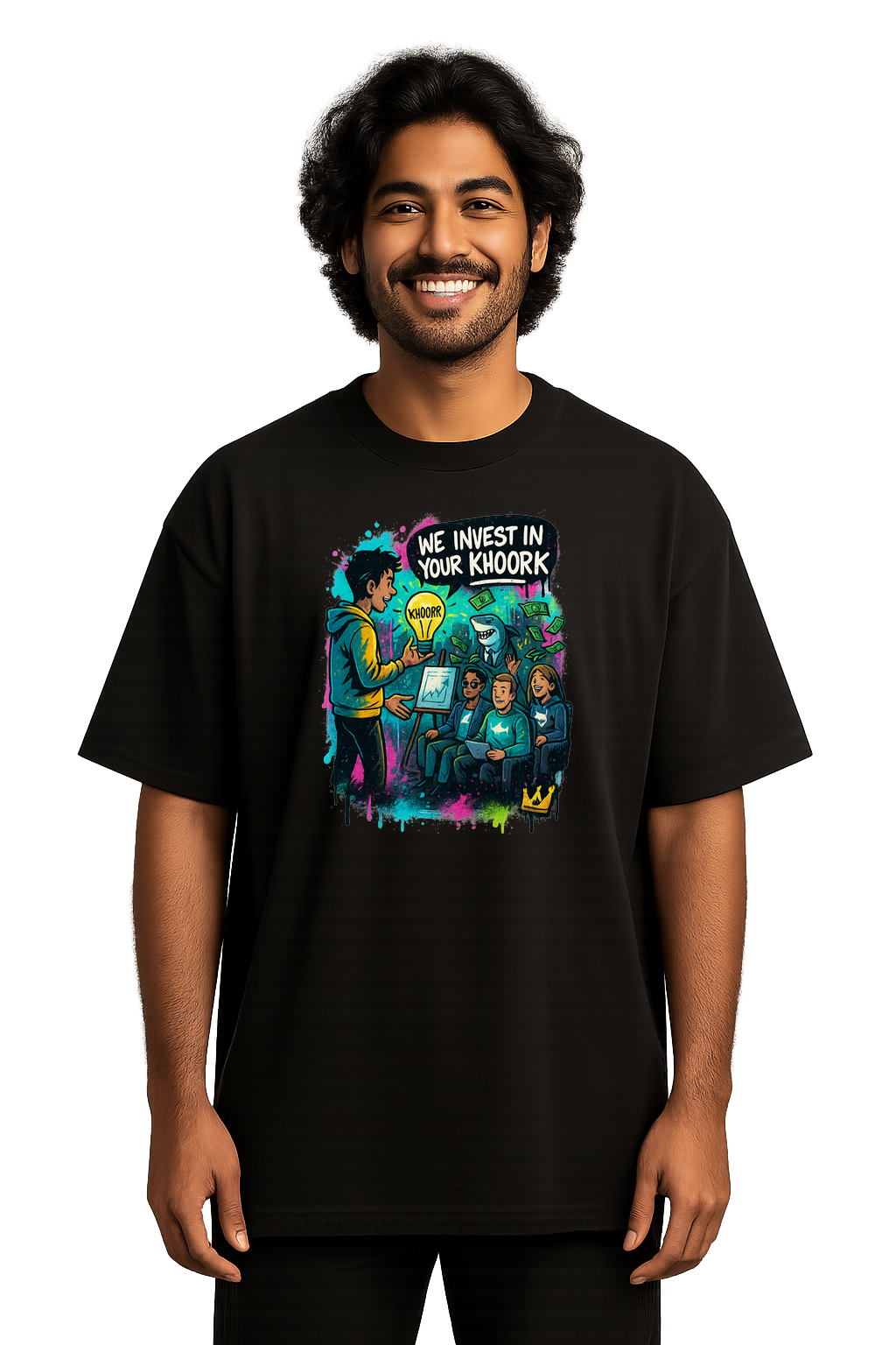 Graffiti Shark Tank Pitch – Oversized Men T‑Shirt