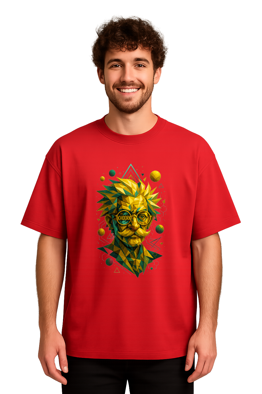 Men Oversized T-Shirt – Red – Abstract geometric scientist with varied gold tones and embedded KHOORK