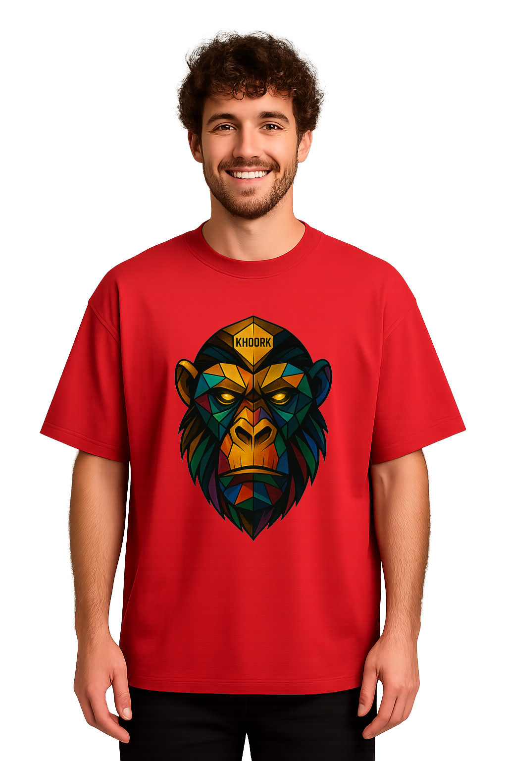 Men Oversized T-Shirt – Red – Abstract Ape Face in Cubist Style