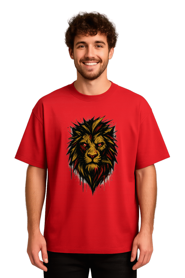 Men Oversized T-Shirt – Red – Tribal Graffiti Lion Face