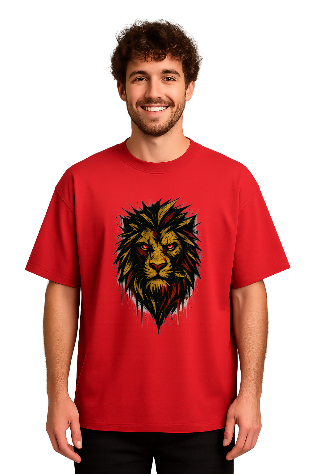 Men Oversized T-Shirt – Red – Tribal Graffiti Lion Face