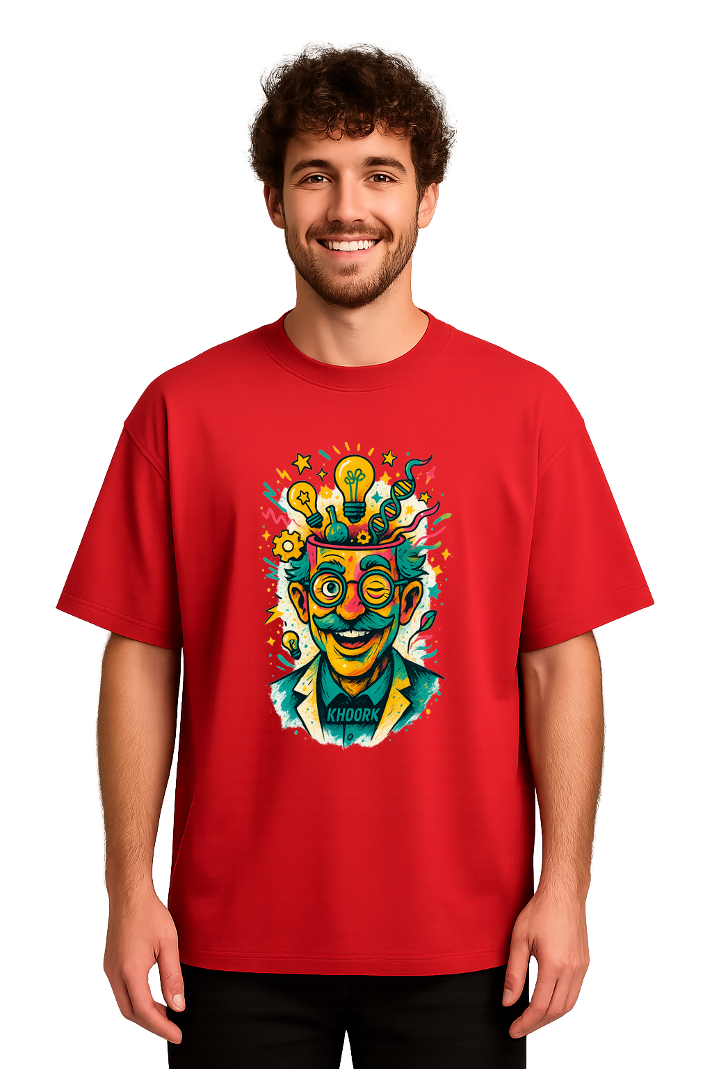 Men Oversized T-Shirt – Red – Abstract scientist face with open head and ideas exploding