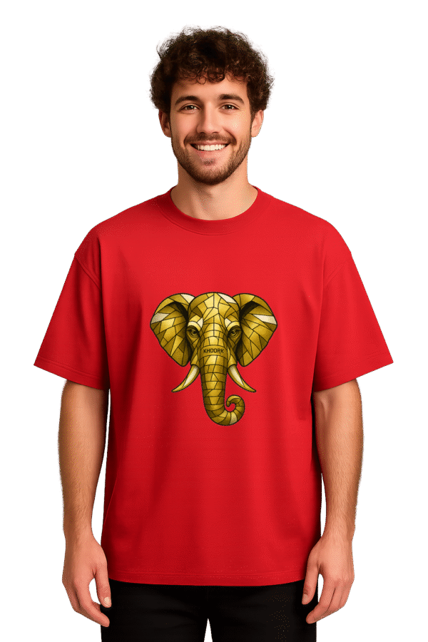 Men Oversized T-Shirt – Red – Abstract elephant face in geometric mosaic style with gold tones and Khoork logo