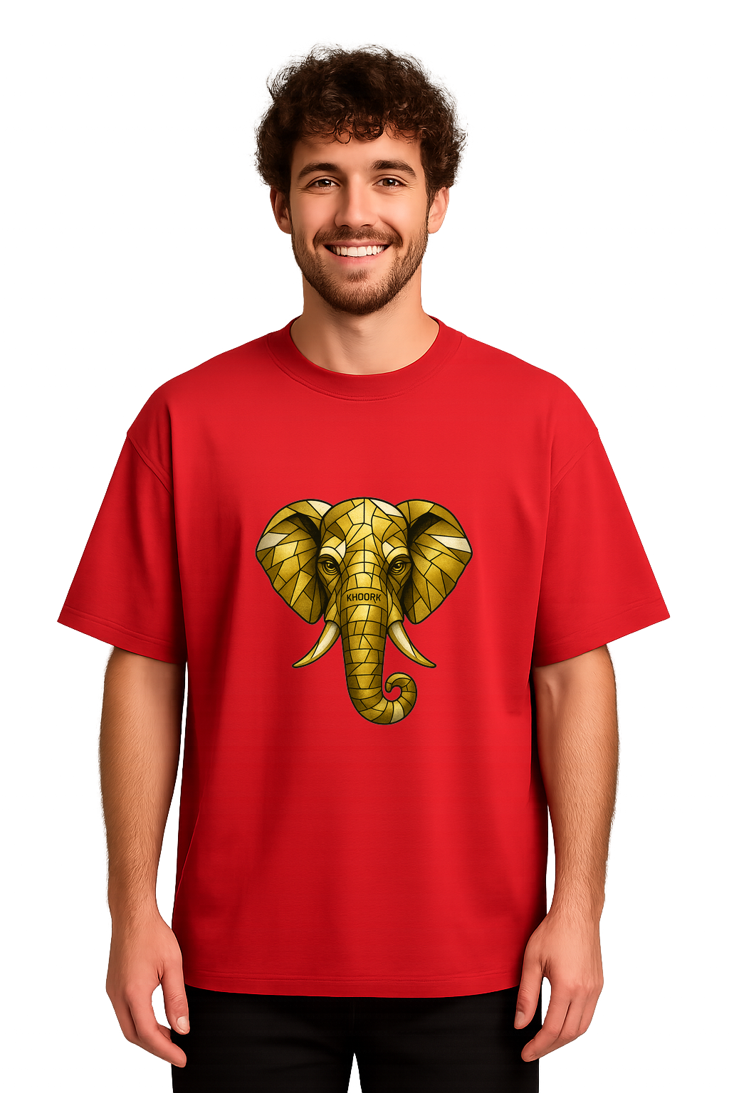 Men Oversized T-Shirt – Red – Abstract elephant face in geometric mosaic style with gold tones and Khoork logo