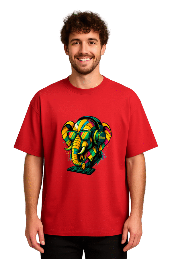 Men Oversized T-Shirt – Red – Funky Tech Elephant