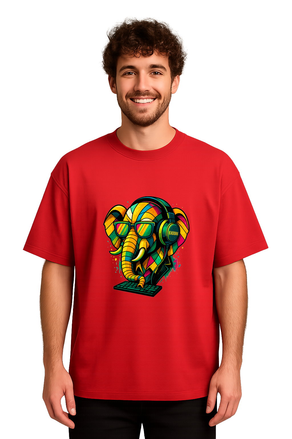 Men Oversized T-Shirt – Red – Funky Tech Elephant