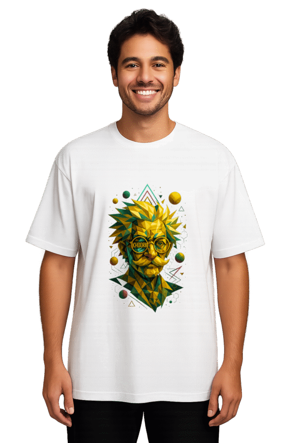 Men Oversized T-Shirt – White – Abstract geometric scientist with varied gold tones and embedded KHOORK