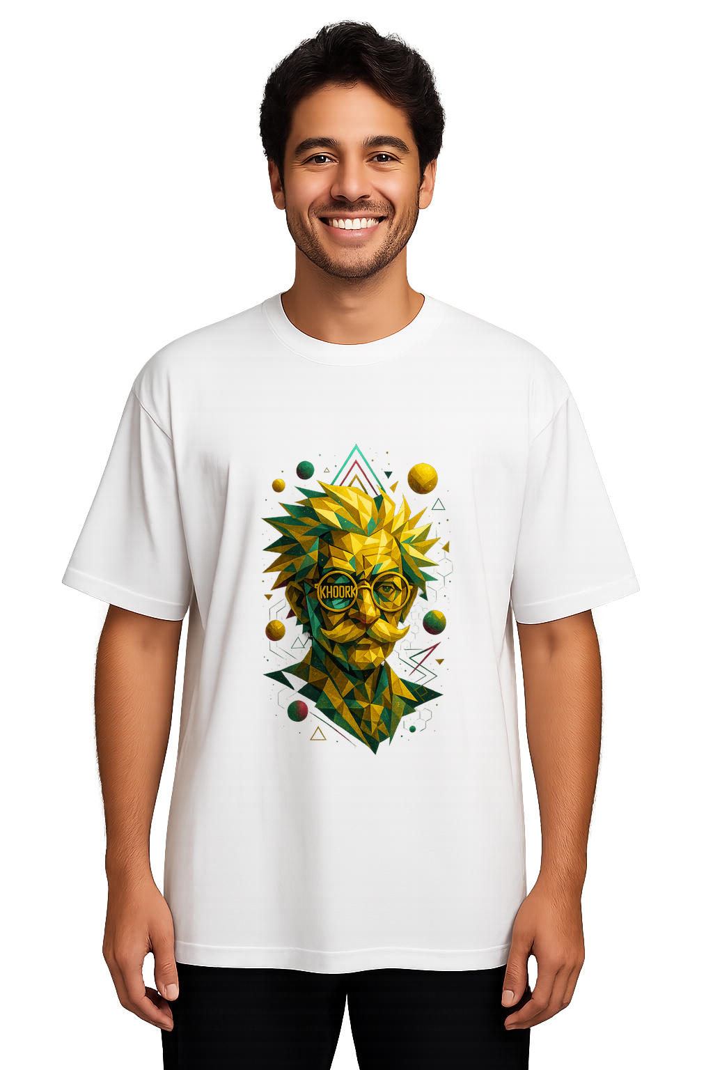 Men Oversized T-Shirt – White – Abstract geometric scientist with varied gold tones and embedded KHOORK