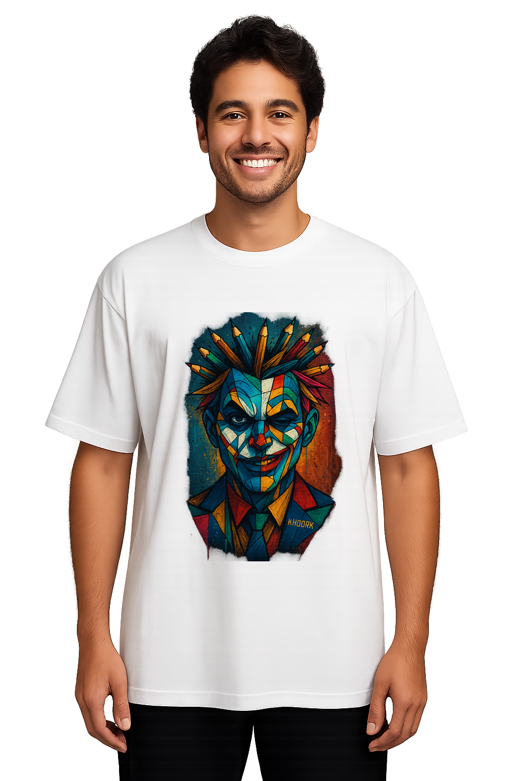 Men Oversized T-Shirt – White – Abstract male Joker face with pencil hair