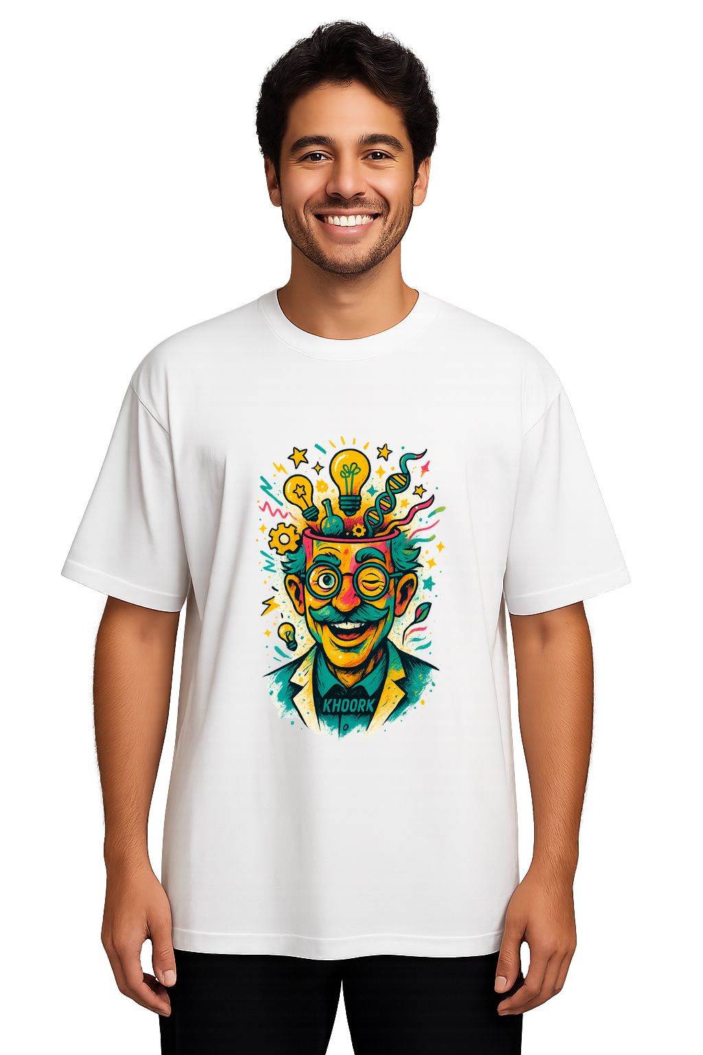 Men Oversized T-Shirt – White – Abstract scientist face with open head and ideas exploding