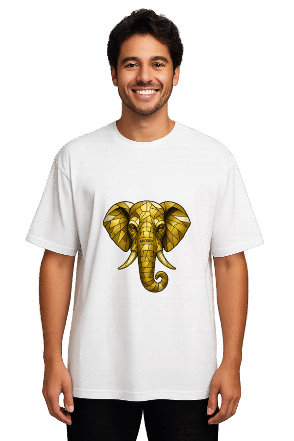 Men Oversized T-Shirt – White – Abstract elephant face in geometric mosaic style with gold tones and Khoork logo