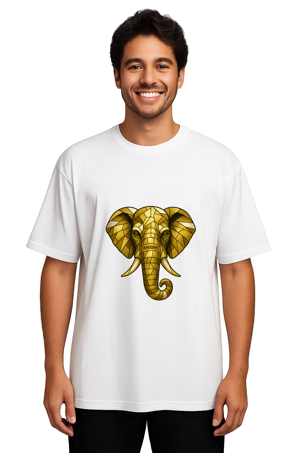Men Oversized T-Shirt – White – Abstract elephant face in geometric mosaic style with gold tones and Khoork logo