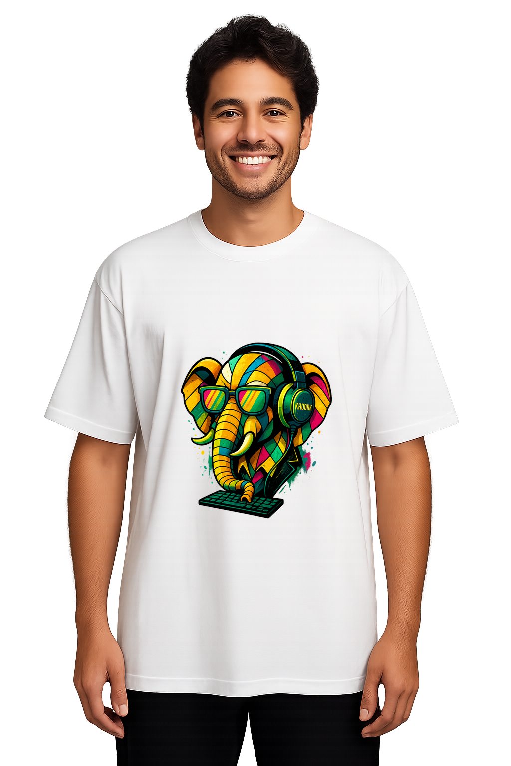 Men Oversized T-Shirt – White – Funky Tech Elephant