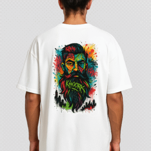 Men Oversized T‑Shirt – Abstract Bearded Flow (White)