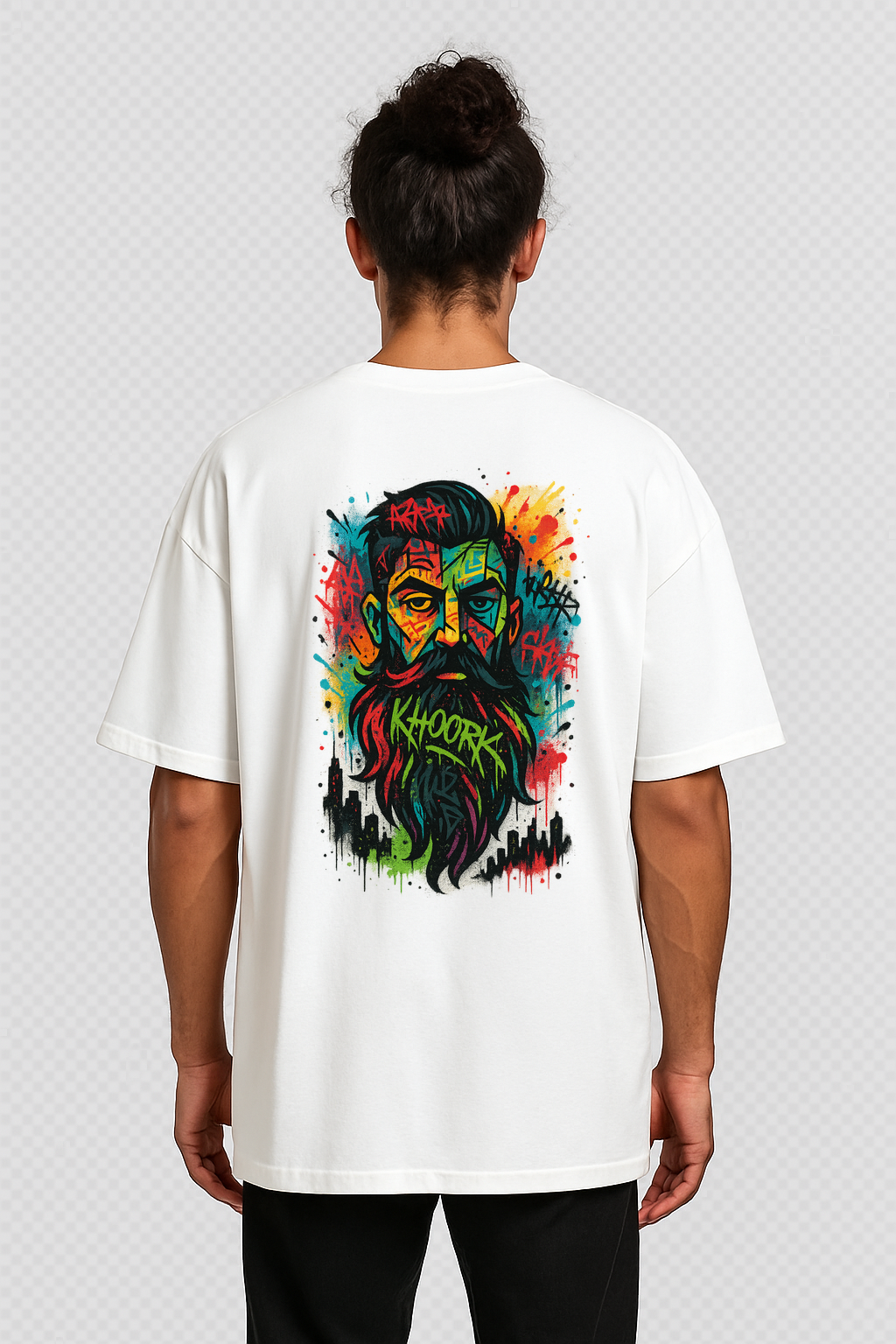 Men Oversized T‑Shirt – Abstract Bearded Flow (White)