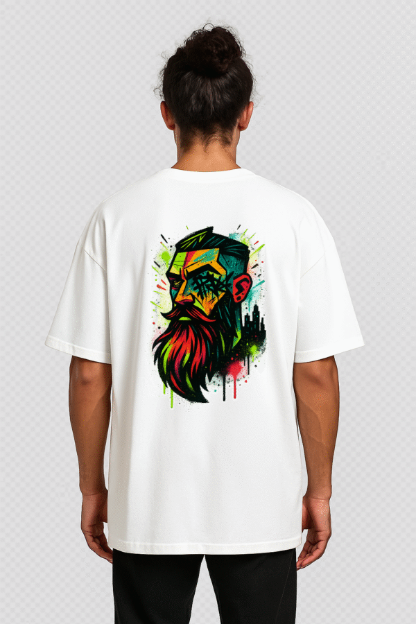 Men Oversized T‑Shirt – Graffiti Beard Rebel (White)