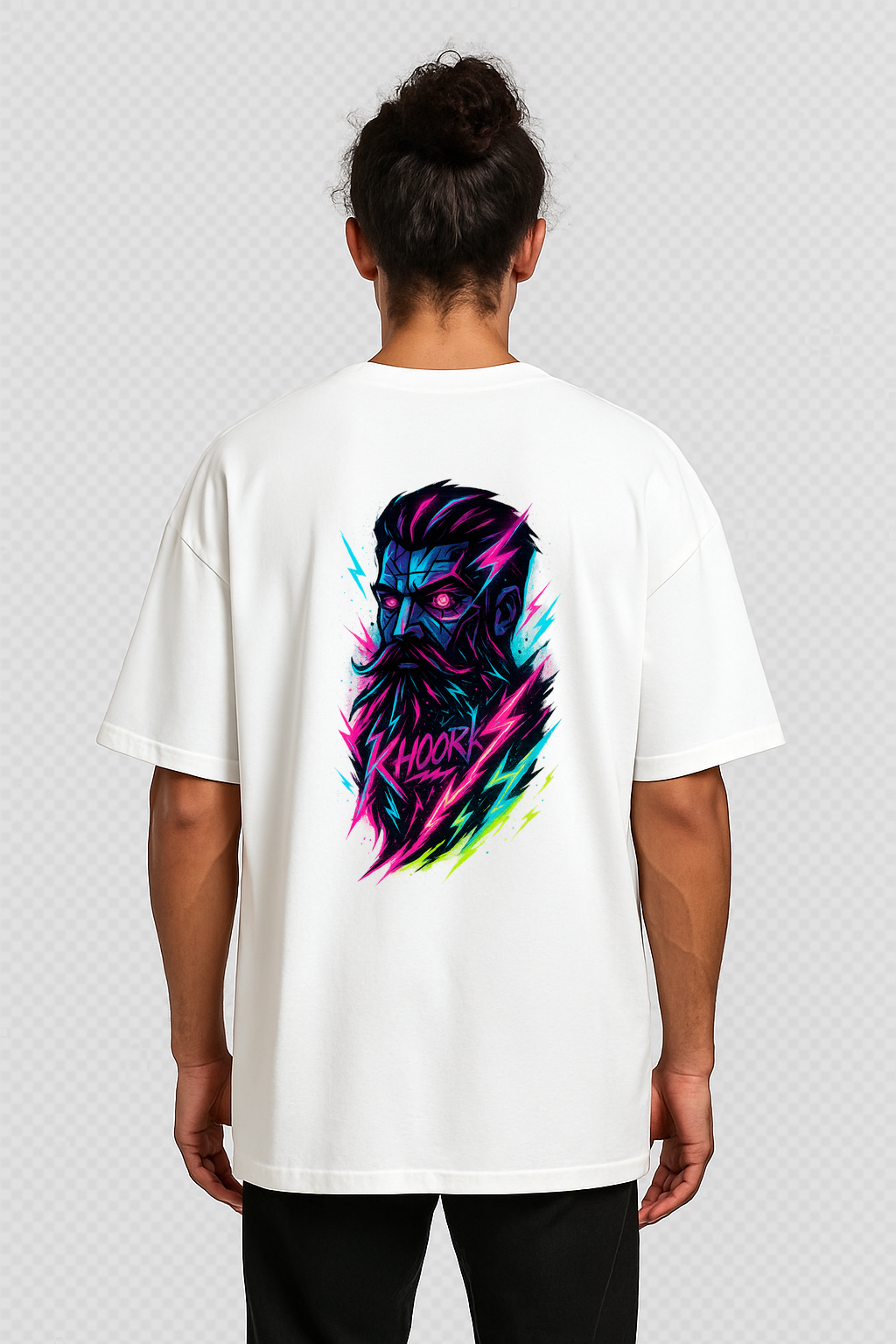 Men Oversized T‑Shirt – Neon Beard Glitch (White)