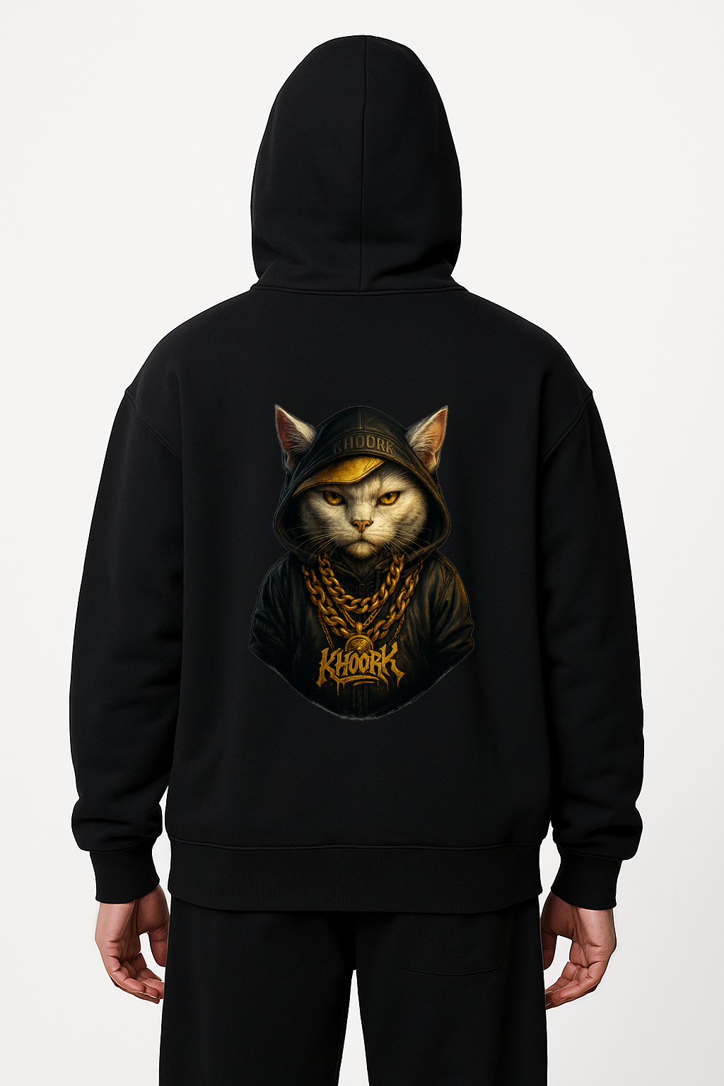 Men Hoodie – Oversized – Black – White Cat Hip-Hop