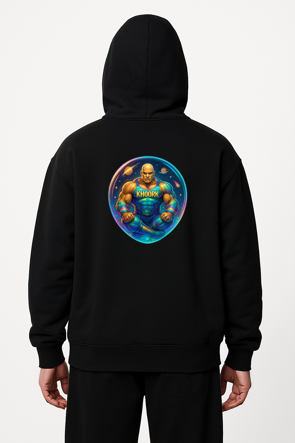 Men Hoodie – Oversized – Black – Cosmic Wrestler Orb