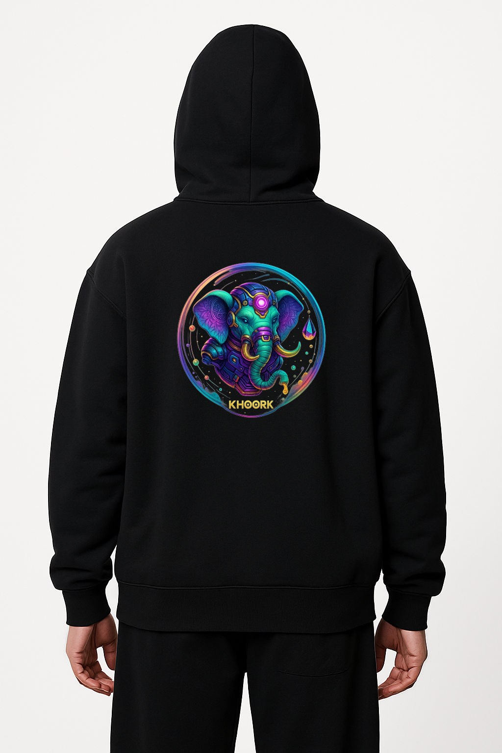 Men Hoodie – Oversized – Black – Cyber Elephant Orb