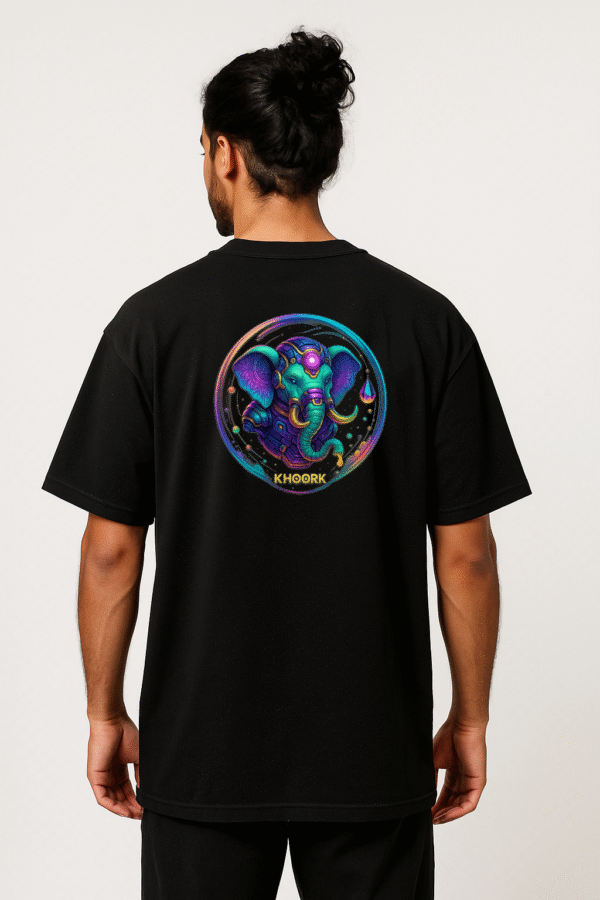 Cyber Elephant Orb – Men Oversized T-Shirt (Black)