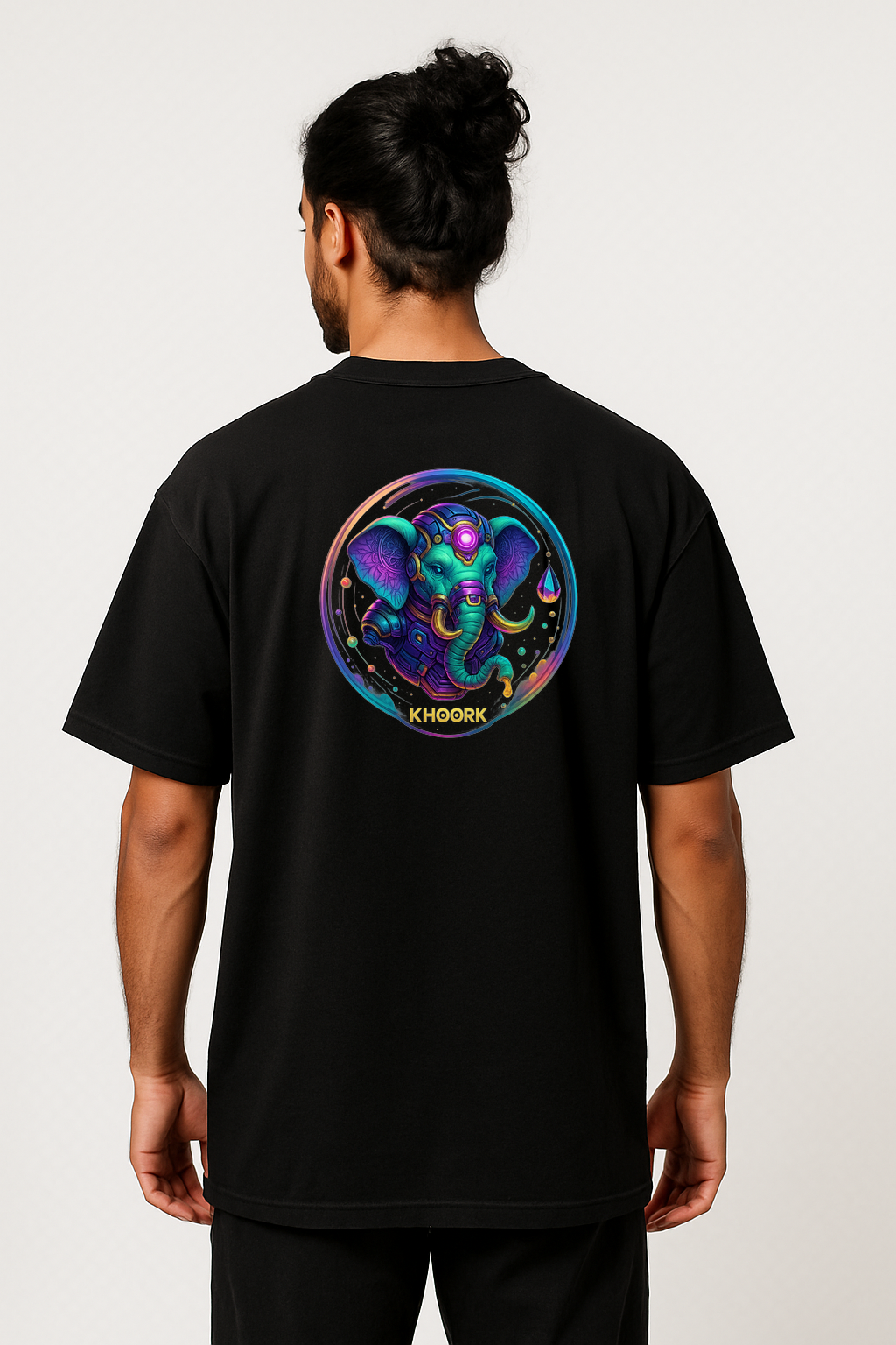 Cyber Elephant Orb – Men Oversized T-Shirt (Black)